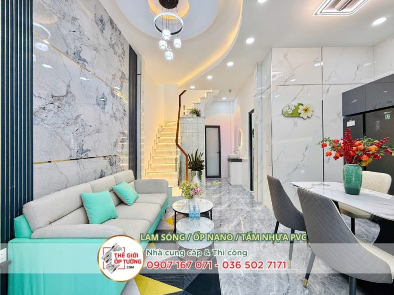 lam sóng và tấm ốp vân đá trang trí phòng khách sang trọng