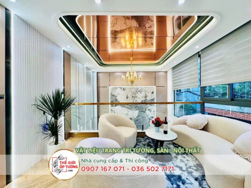 hình các mẫu phối tấm ốp vân đá và lam sóng cho phòng khách đẹp sang trọng
