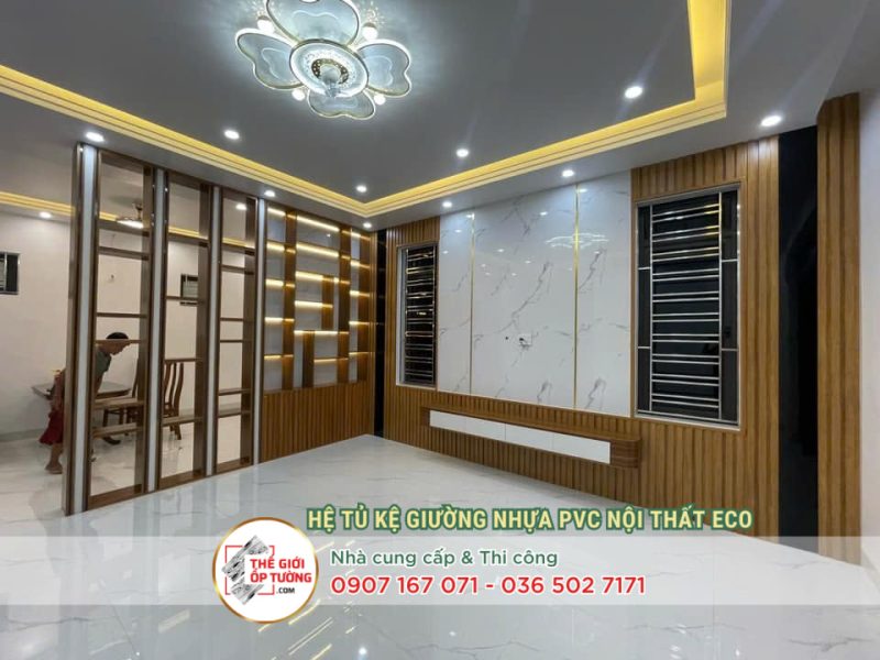 hình các mẫu phối tấm ốp vân đá và lam sóng cho phòng khách đẹp sang trọng