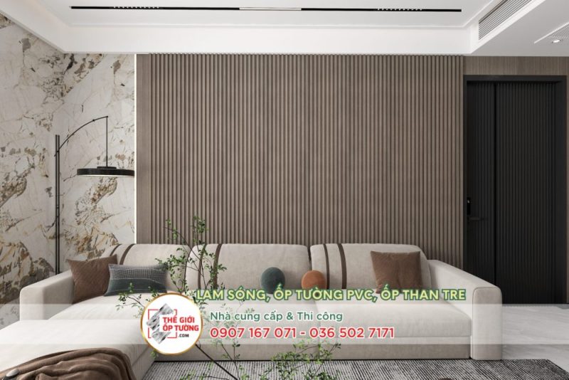Vách ốp lam sóng – Tạo chiều sâu sang trọng cho phòng khách. Thi công Vách ốp lam sóng tphcm, tiền giang mỹ tho