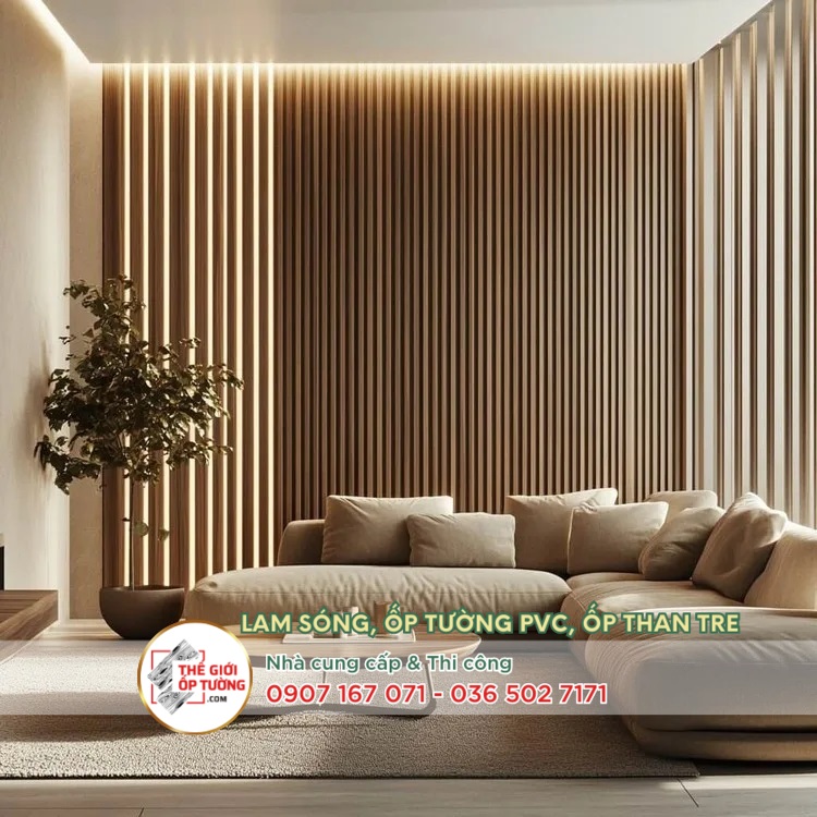 Vách ốp lam sóng – Tạo chiều sâu sang trọng cho phòng khách