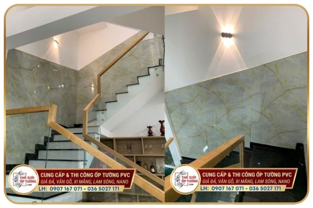 Thi công ốp tường cầu thang lamri, vách ốp cầu thang đẹp quận 12 TPHCM